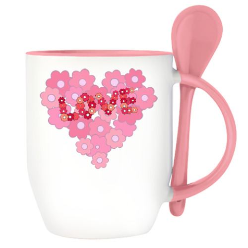 Кружка с ложкой с принтом Цветочное сердце