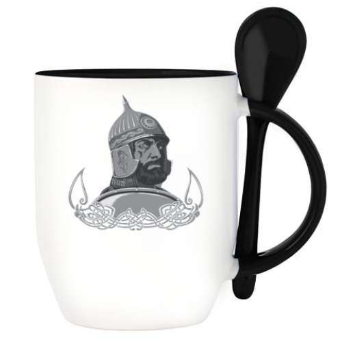 Кружка с ложкой с принтом витязь, воин, солдат.