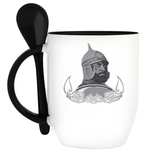 Кружка с ложкой с принтом витязь, воин, солдат.