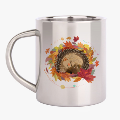 Кружка металлическая с принтом Ежик в осенних листьях