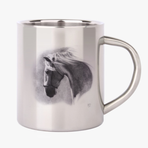 Кружка металлическая с принтом Голова серой лошади