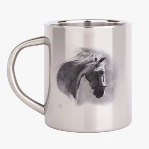 Кружка металлическая с принтом Голова серой лошади