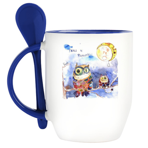 Кружка с ложкой с принтом Смешные совы