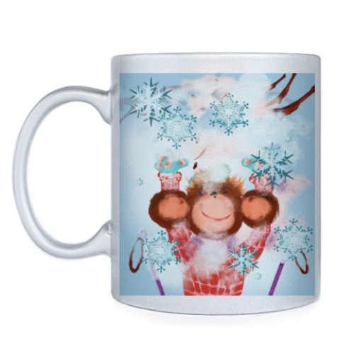 Кружка с принтом Обезьянка и снег