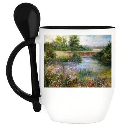 Кружка с ложкой с принтом У реки