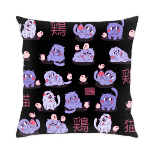 Подушка с принтом Kawaii Cats black pattern
