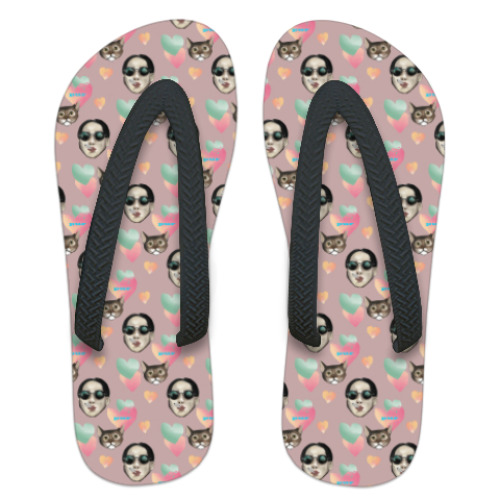 Шлепанцы (сланцы) с принтом девушка и кошка