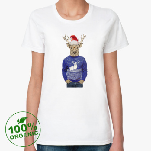 Женская футболка из органик-хлопка Олень новогодний в свитере