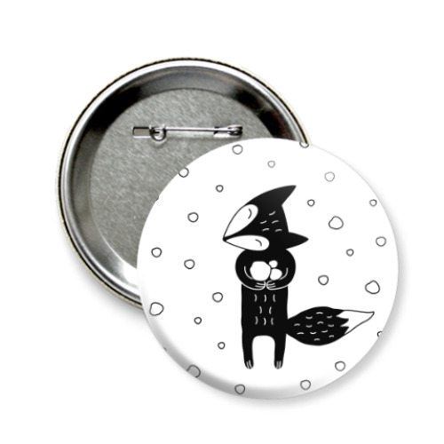 Значок 58мм с принтом Лисенок и снегопад