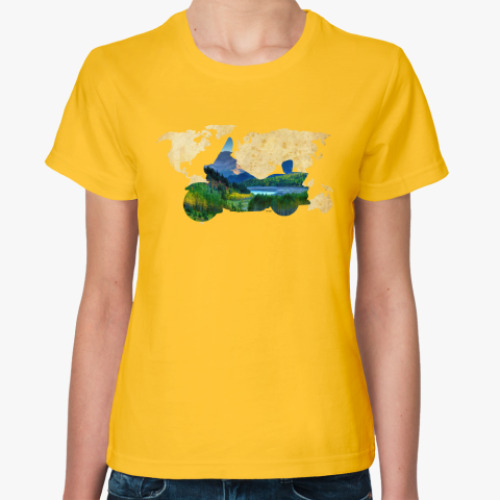 Женская футболка с принтом Пейзаж мотоцикла