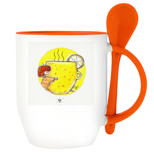 Кружка с ложкой с принтом Желтая чашка
