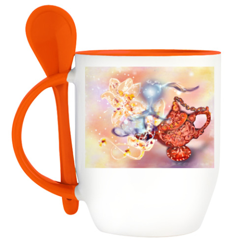 Кружка с ложкой с принтом Лампа с джином