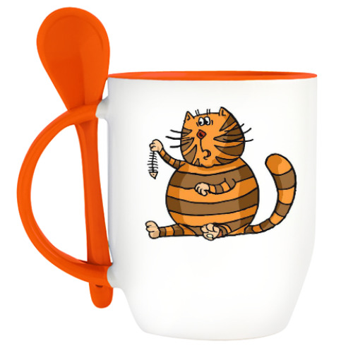 Кружка с ложкой с принтом Кот со скелетом рыбки