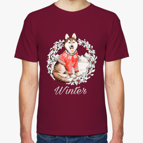 Футболка с принтом Новогодний Хаски