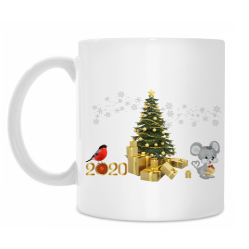 Кружка с принтом Елочка с мышкой и снегирем