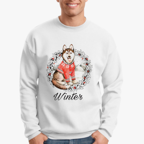 Свитшот с принтом Новогодний Хаски