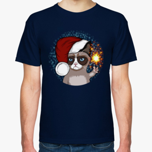 Футболка с принтом Новогодний грустный кот