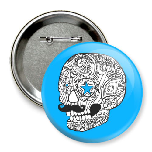 Значок 75мм с принтом Череп с усами