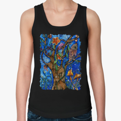 Женская майка с принтом Сова в волшебном лесу