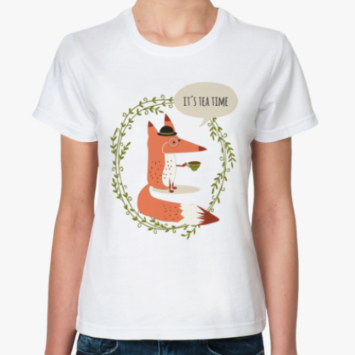 Классическая футболка с принтом Лиса и чай