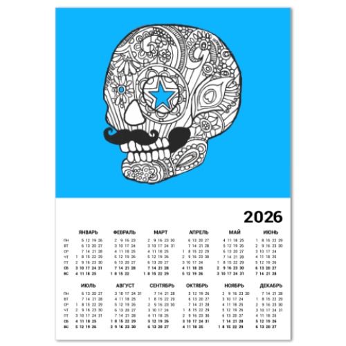Календарь с принтом Череп с усами
