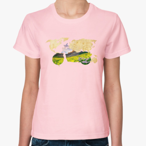 Женская футболка с принтом Пейзаж мотоцикла