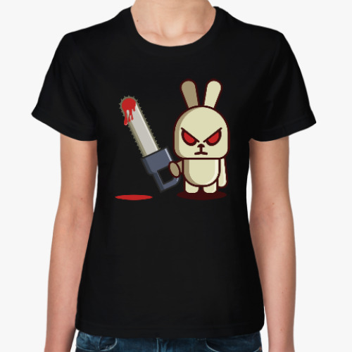 Женская футболка с принтом Злой кролик с пилой