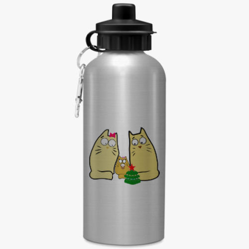 Бутылка с карабином (500 мл) с принтом Кошачья семья