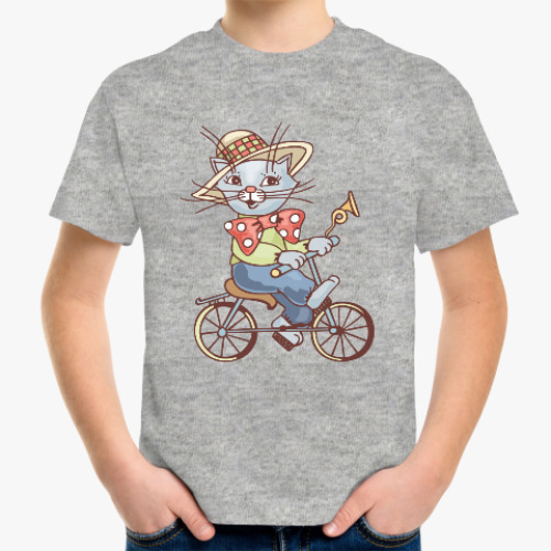 Детская футболка с принтом Кот на велосипеде