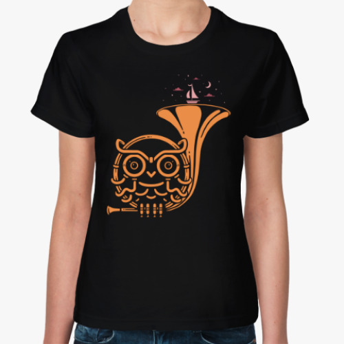 Женская футболка с принтом Сова и корабль