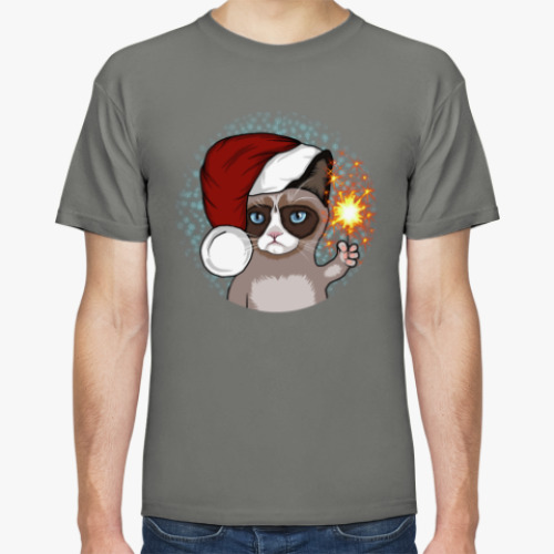 Футболка с принтом Новогодний грустный кот