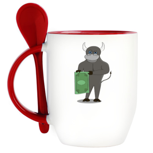 Кружка с ложкой с принтом Бык с долларом