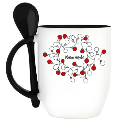 Кружка с ложкой с принтом Новогодняя гирлянда