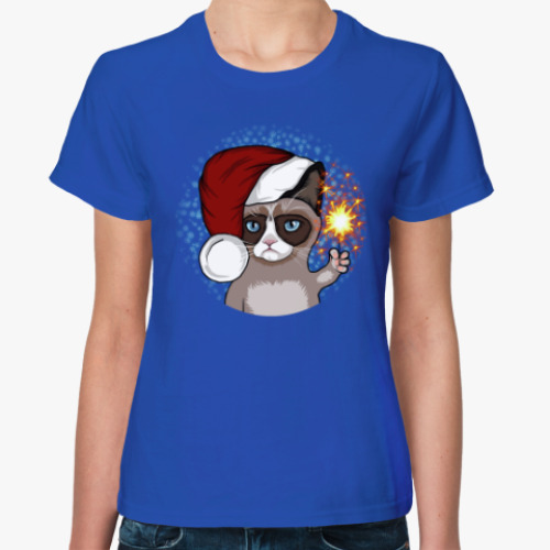 Женская футболка с принтом Новогодний грустный кот