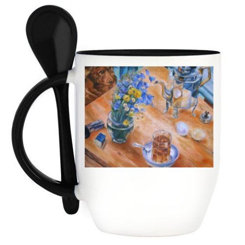 Кружка с ложкой с принтом Утренний чай
