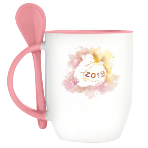 Кружка с ложкой с принтом Новогодняя свинка 2019