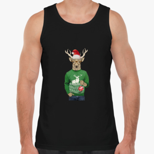 Майка с принтом Олень новогодний в свитере и очках с шариком