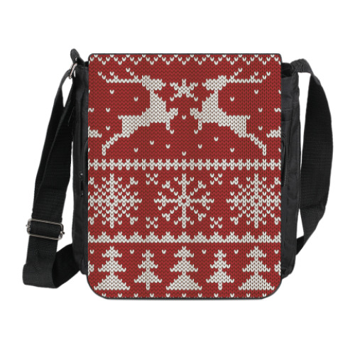 Сумка на плечо (мини-планшет) с принтом Вязаный орнамент с оленями