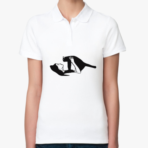 Женская рубашка поло (печать) с принтом Девушка и кот