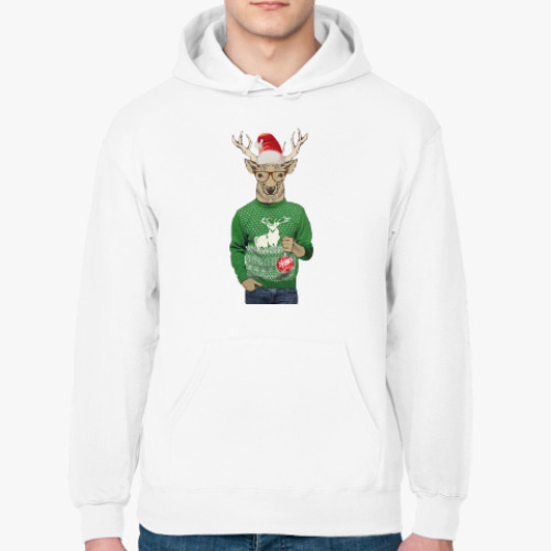 Толстовка худи с принтом Олень новогодний в свитере и очках с шариком