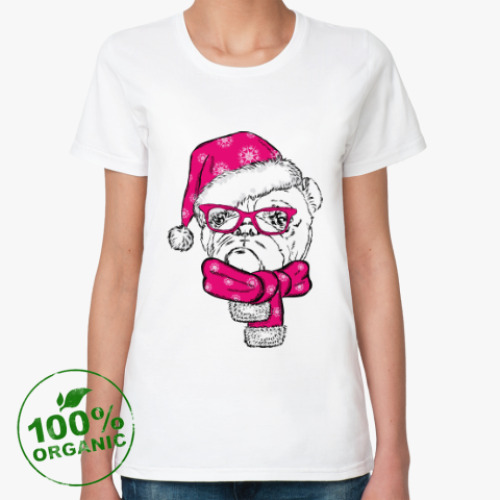 Женская футболка из органик-хлопка с принтом Бульдог Санта