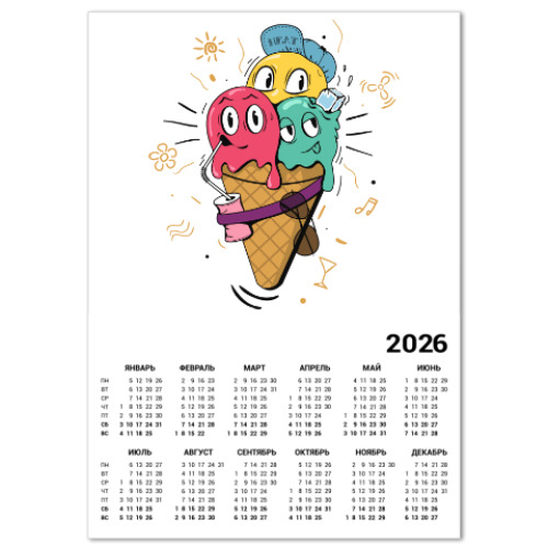 Календарь с принтом Смешные шарики мороженного