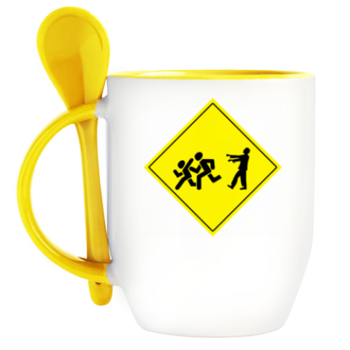 Кружка с ложкой с принтом Осторожно, зомби!