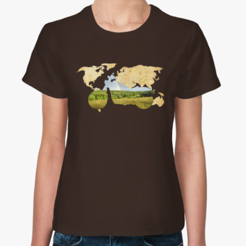 Женская футболка с принтом Пейзаж мотоцикла