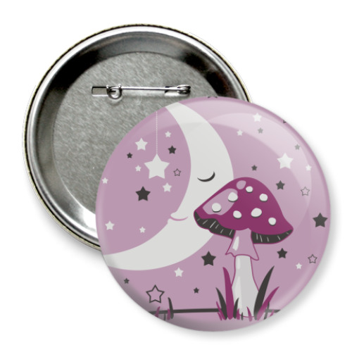 Значок 75мм с принтом Спящая Луна и Мухомор