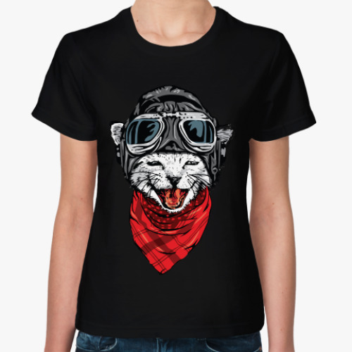 Женская футболка с принтом Котяра-летчик