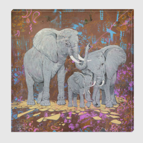 Холст с принтом Семья слонов