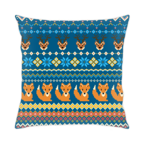 Подушка с принтом Вязаный зимний узор: олени и лисы