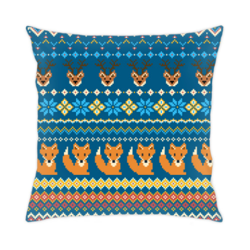 Подушка с принтом Вязаный зимний узор: олени и лисы