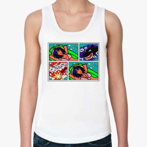 Женская майка с принтом Комикс. Девушка и акула.